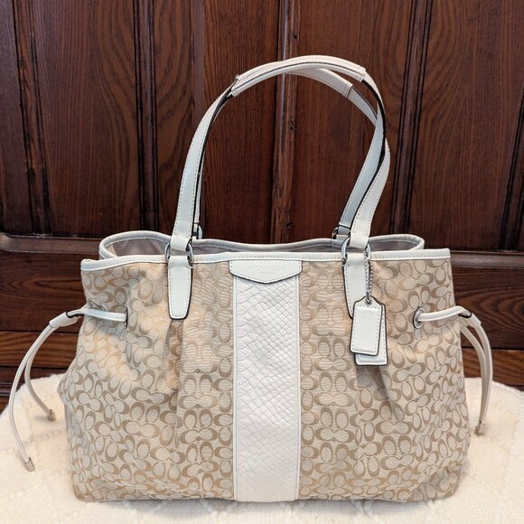 Coach Signature Tan Canvas White Leather Stripe Satchel Bag F31308 - Picture 2 of 14